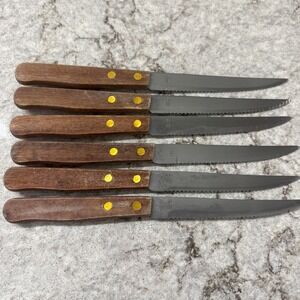6 Vintage Brand Ware Stainless Steel Steak Knives Wooden Handles Dainty Set